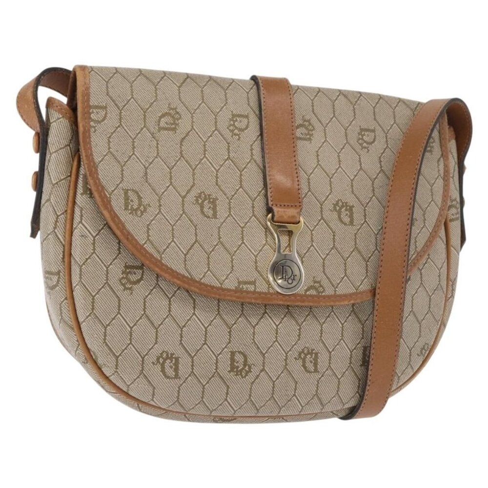 Authentic Christian Dior Honeycomb Canvas Shoulder Bag PVC Beige Gold